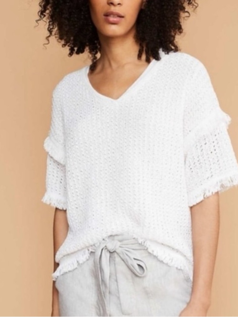Lou & Grey Ladies Small White Open Knit Fringe Hem Short Sleeve Top Coastal Boho